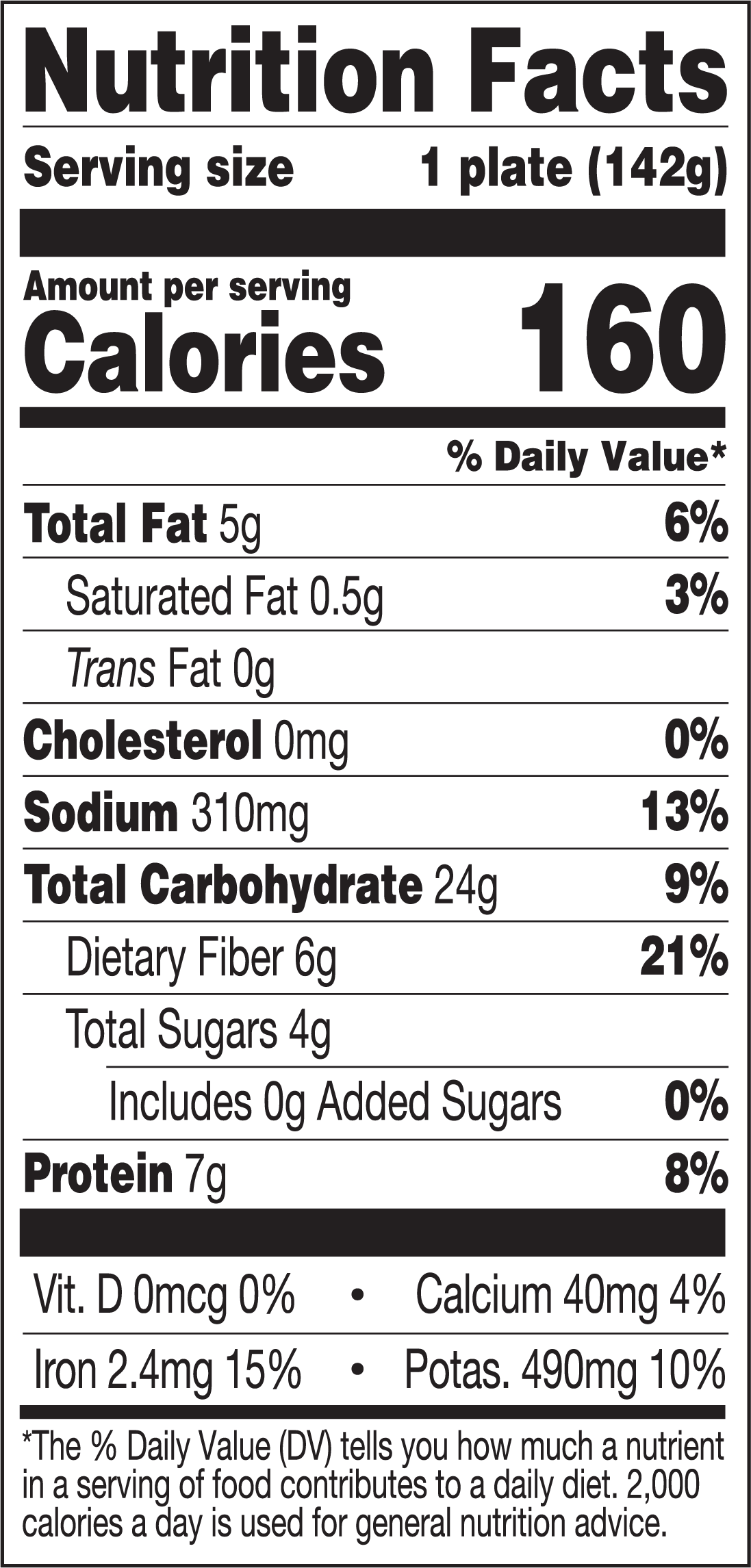 Veggie Chili nutritional label