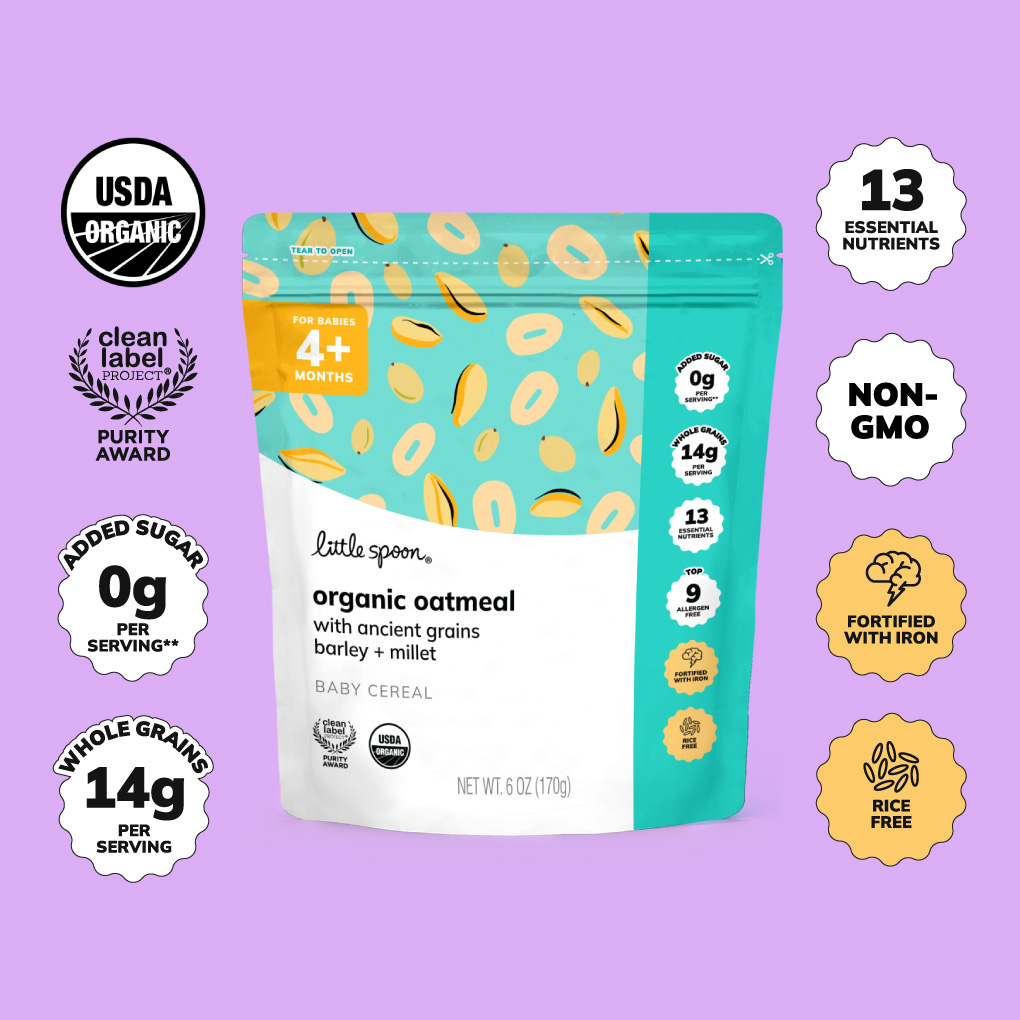 bag of Organic Oatmeal Baby Cereal that has 0 grams of added sugar per serving, 14 grams of whole grains, rice-free, non-gmo