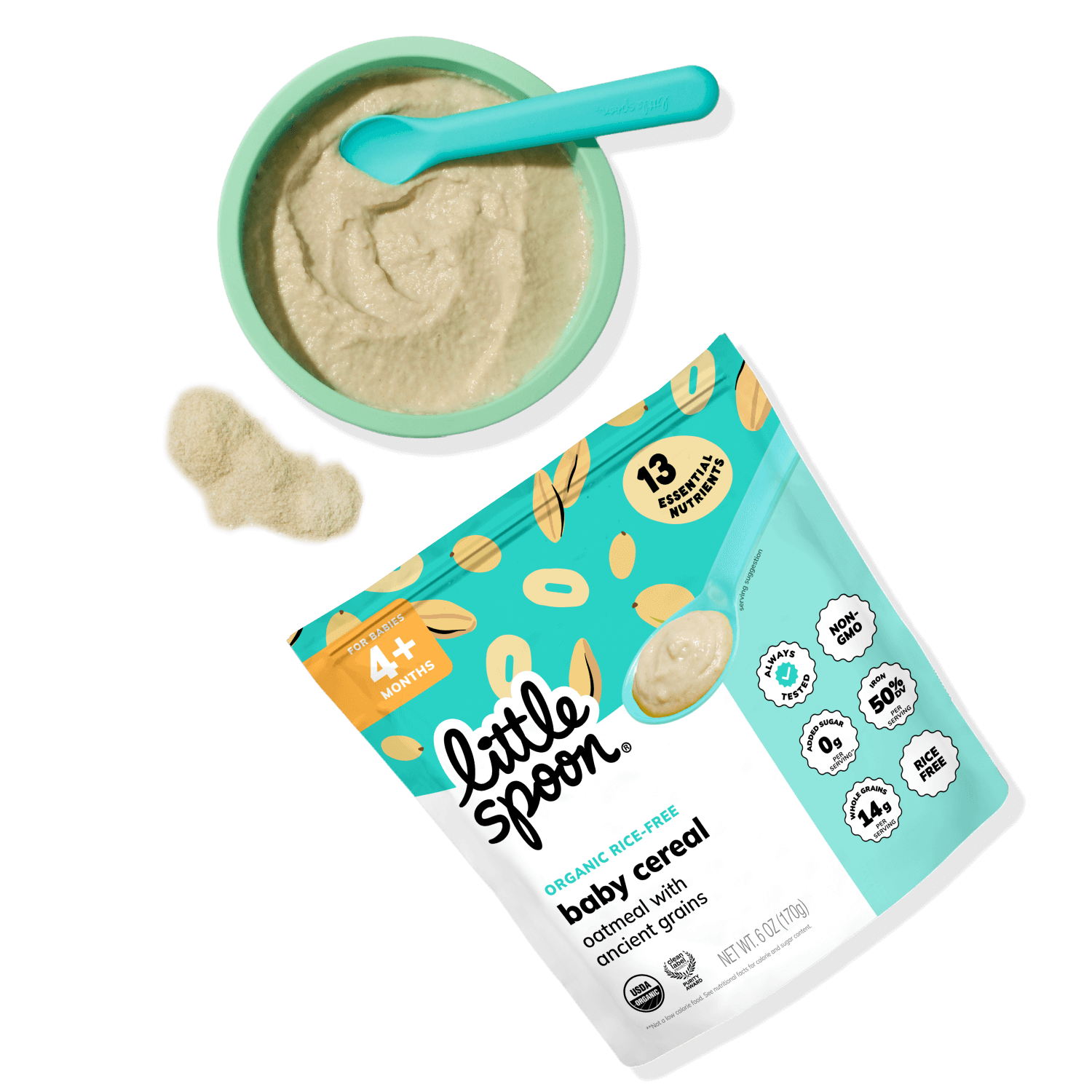 Oatmeal Baby Cereal resealable bag with baby cereal in a mint green bowl with a teal spoon