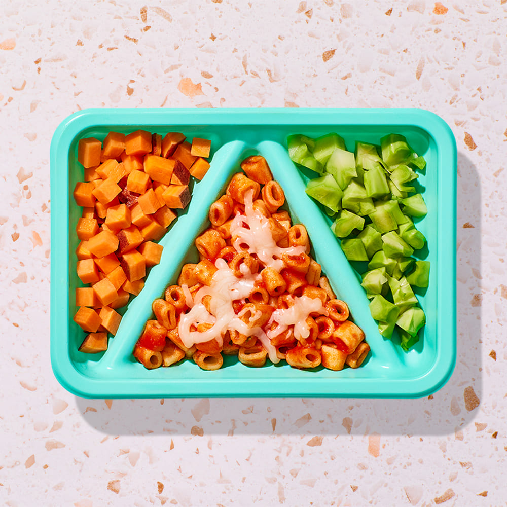 Mini Cheesy Pasta biteable with Hidden Veggie Marinara Sauce + Diced Broccoli + Roasted Sweet Potato